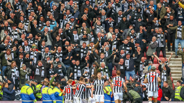 Newcastle United players and supporters pictured celebrating a goal during a 3-0 away win at Sunderland in the FA Cup in January 2024